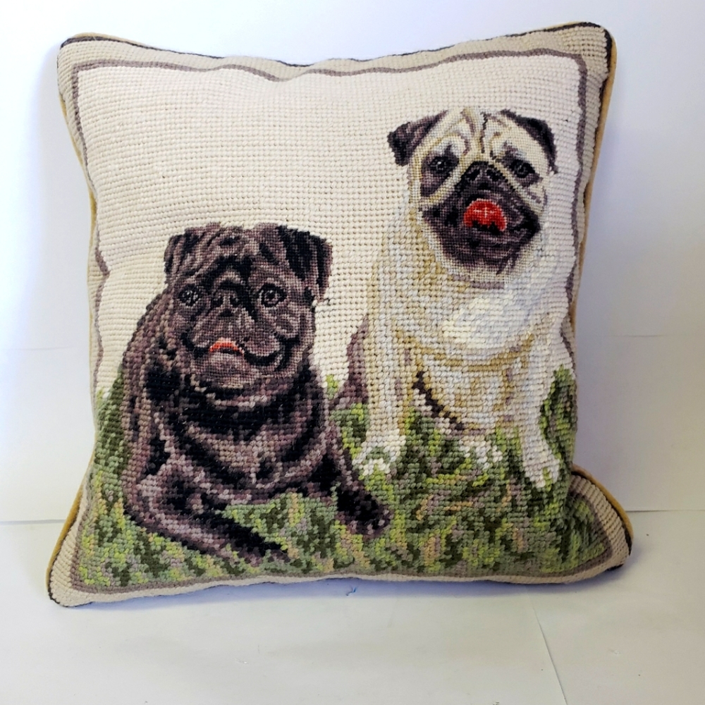 Vintage Needlepoint Pug Dogs Decorative Pillow